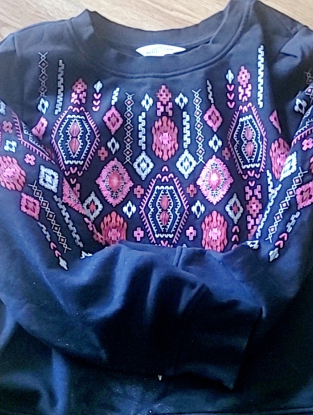 Northern Reflections Black Sweater with Pink and White Aztec Embroidery